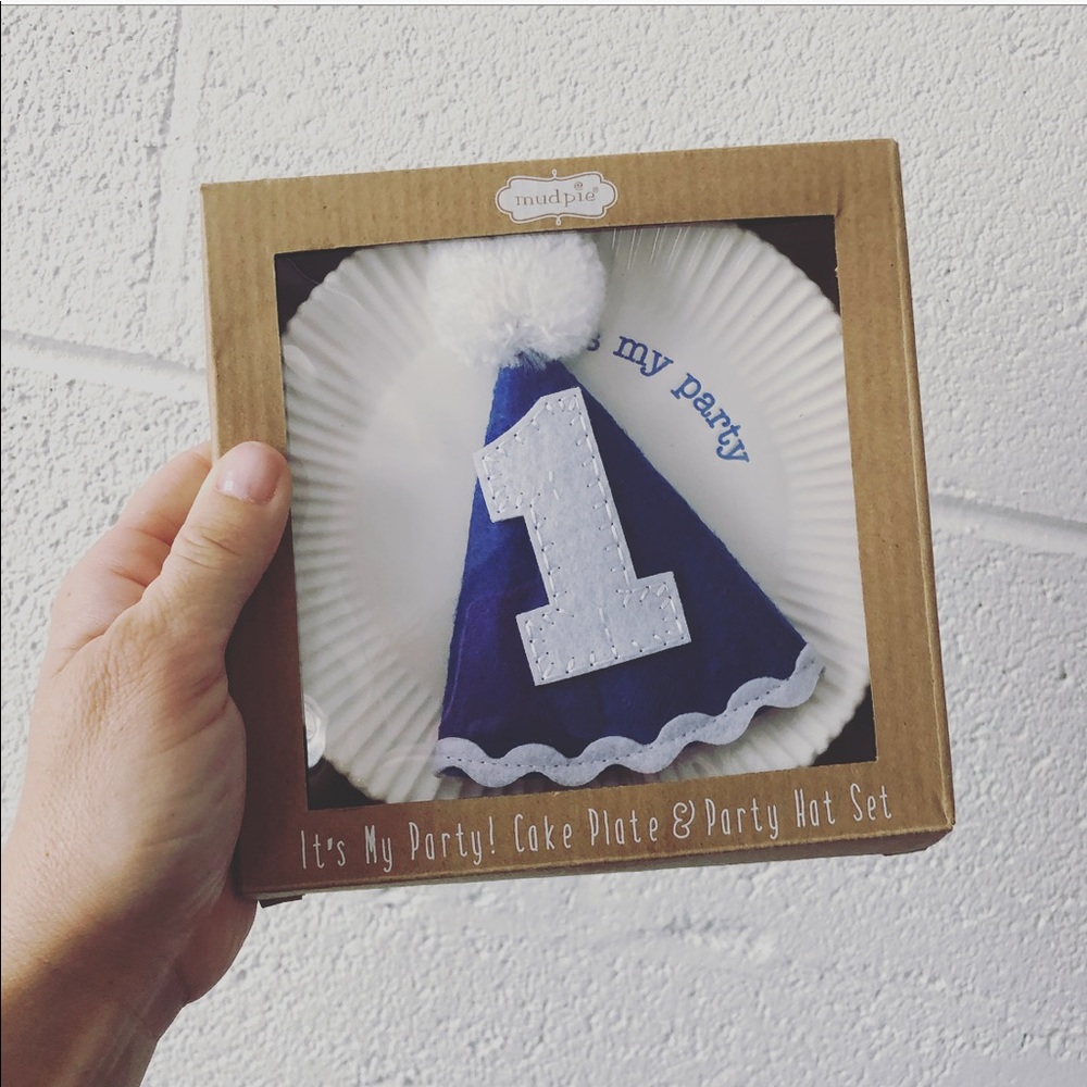 MudPie B-Day Boy cake plate and party hat set